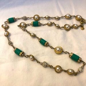 J. Crew Green Barrel Pearl Pave Rhinestones Beaded Necklace Goldtone